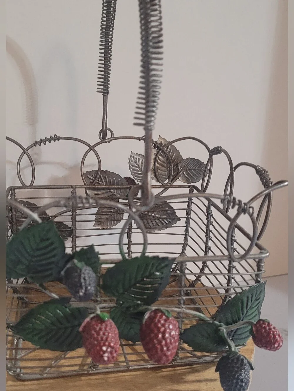 Decorative Metal Berry Basket with Green Leaves - Rustic Home Accent